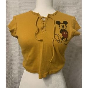 Womens Disney Short Sleeve Crop Top Mickey Mouse Yellow Lace V-Neck 90s Retro